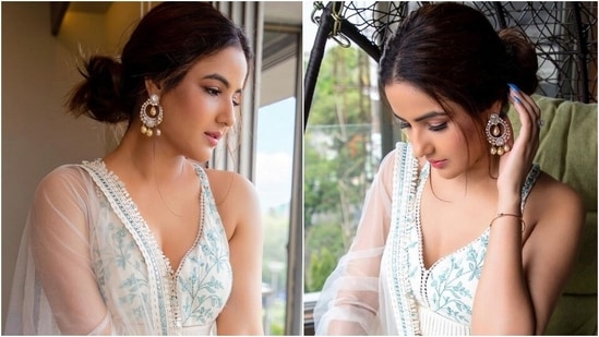 Jasmin Bhasin wows Aly Goni in timeless ivory embroidered lehenga set, see pics