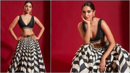 Kiara, opted for a black and white JJ Valaya's lehenga to which she gave a fusion touch by adding a tanned belt.(Instagram/@kiaraaliaadvani)