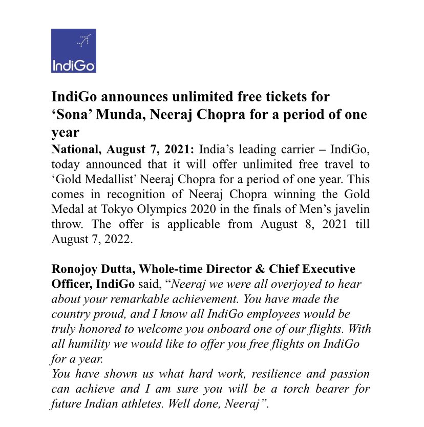 Statement issued by IndiGo Airlines on Neeraj Chopra's gold win at the Olympics (Via @ChhaviLeekha on Twitter) Statement issued by IndiGo Airlines on Neeraj Chopra's gold win at the Olympics (Via @ChhaviLeekha on Twitter)