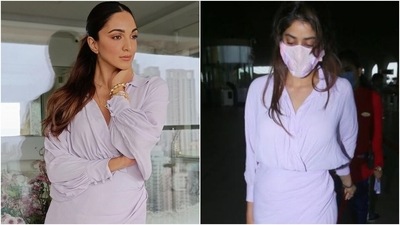 When Kiara Advani wore Janhvi Kapoor's ₹7k lilac airport dress for Shershaah promotions (Instagram/@makeupbylekha, Varinder Chawla) When Kiara Advani wore Janhvi Kapoor's ₹7k lilac airport dress for Shershaah promotions (Instagram/@makeupbylekha, Varinder Chawla)