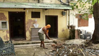 Members of Shaheed Sukhdev Thapar memorial trust also commenced the work to revamp the porch area of the ancestral house of martyr Sukhdev Thapar in Ludhiana on Monday. (Harsimar Pal Singh/HT)