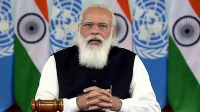 Prime Minister Narendra Modi speaks at UNSC Open Debate on 'Enhancing Maritime Security: A Case For International Cooperation', in New Delhi on Monday. (ANI PHOTO.) Prime Minister Narendra Modi speaks at UNSC Open Debate on 'Enhancing Maritime Security: A Case For International Cooperation', in New Delhi on Monday. (ANI PHOTO.)