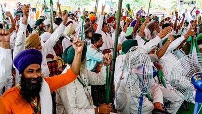 File photo of farmers raising slogans during a Kisan Sansad session at Jantar Mantar in New Delhi. (ANI) File photo of farmers raising slogans during a Kisan Sansad session at Jantar Mantar in New Delhi. (ANI)
