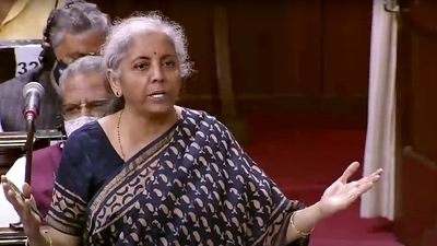 Union Finance Minister Nirmala Sitharaman speaks in Rajya Sabha during the Monsoon session of Parliament, in New Delhi on Monday. (. ANI Photo/ RSTV) Union Finance Minister Nirmala Sitharaman speaks in Rajya Sabha during the Monsoon session of Parliament, in New Delhi on Monday. (. ANI Photo/ RSTV)