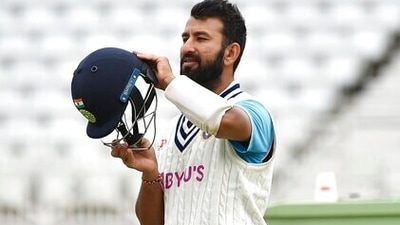 India's Cheteshwar Pujara during nets practice prior to the first Test Match between England and India at Trent Bridge cricket ground in Nottingham, England, Monday, Aug. 2, 2021. (AP Photo/Rui Vieira) (AP)