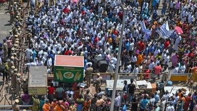 Earlier, Tamil Nadu chief minister MK Stalin urged the Union government not to move the Indian Marine Fisheries Bill, 2021. Here are a few pictures of the protest in Chennai. (AFP) Earlier, Tamil Nadu chief minister MK Stalin urged the Union government not to move the Indian Marine Fisheries Bill, 2021. Here are a few pictures of the protest in Chennai. (AFP)