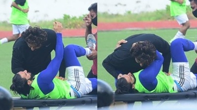 Arjun Kapoor and Ranveer Singh before a friendly football match on Sunday. (Varinder Chawla) Arjun Kapoor and Ranveer Singh before a friendly football match on Sunday. (Varinder Chawla)