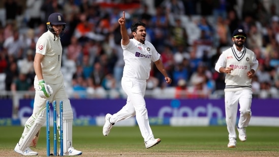 India's Shardul Thakur celebrates taking the wicket of England's Jos Buttler during the Nottingham Test(Action Images via Reuters)