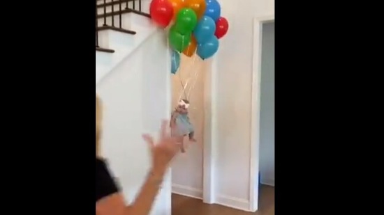 The image shows the baby 'flying'. (Twitter/@MackBeckyComedy)