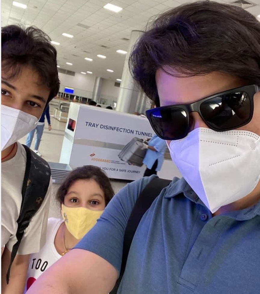 Mahesh Babu and his kids at the airport. Mahesh Babu and his kids at the airport.