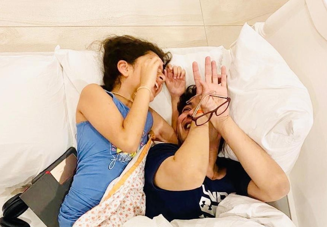 Mahesh sharing laughs with his daughter. Mahesh sharing laughs with his daughter.