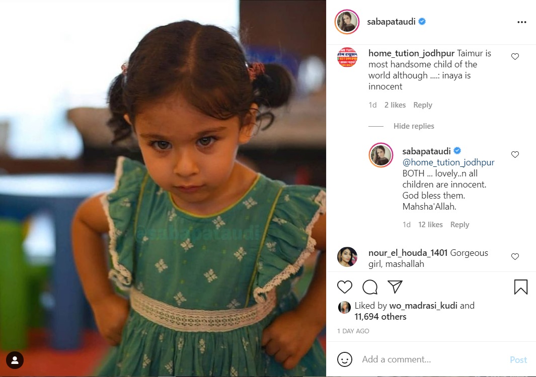Saba Ali Khan shared a photo of her niece Inaaya on Instagram.