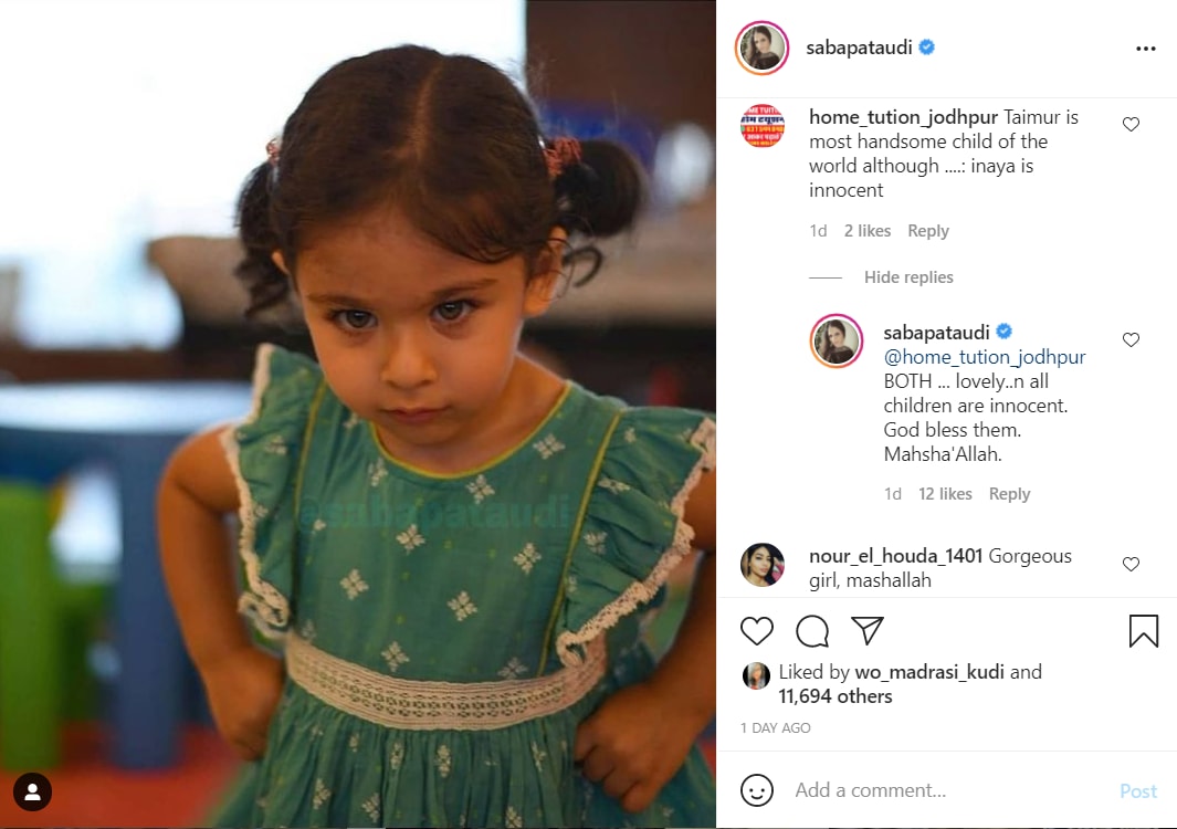 Saba Ali Khan shared a photo of her niece Inaaya on Instagram.