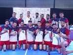 NK Kabaddi Academy (Champions) with chief guests L to R - Perminder Pahlawan - wrestler (Chief Guest) - Manish Angrej (captain) - Team Ambassador - Narender Kumar (white shirt) Red Army Coach ; Coach of the Services Team in Nationals