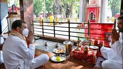 Congress leader Rahul Gandhi offers prayers at Kheer Bhawani temple, in Ganderbal on Tuesday. (ANI) Congress leader Rahul Gandhi offers prayers at Kheer Bhawani temple, in Ganderbal on Tuesday. (ANI)