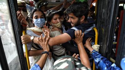 Demonstrators being detained during a protest against communal hatred at Jantar Mantar, on Tuesday. (Sanchit Khanna/HT Photo) Demonstrators being detained during a protest against communal hatred at Jantar Mantar, on Tuesday. (Sanchit Khanna/HT Photo)