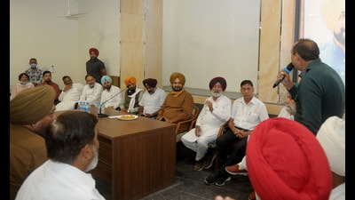 Punjab Congress president Navjot Singh Sidhu with party’s OBC leaders in Chandigarh on Tuesday. (Ravi Kumar/HT)