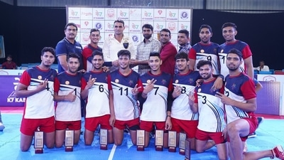 NK Kabaddi Academy (Champions) with chief guests L to R - Perminder Pahlawan - wrestler (Chief Guest) - Manish Angrej (captain) - Team Ambassador - Narender Kumar (white shirt) Red Army Coach ; Coach of the Services Team in Nationals (K7 Kabaddi )