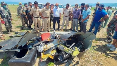 Experts, specialised equipment, and divers were being flown in and international assistance has also been sought for the deep underwater search operation for the chopper that crashed into Ranjit Sagar Dam. PTI (PTI) Experts, specialised equipment, and divers were being flown in and international assistance has also been sought for the deep underwater search operation for the chopper that crashed into Ranjit Sagar Dam. PTI (PTI)