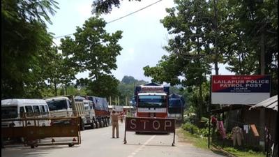 Vehicles at Lailapur border in Assam. (Sourced) Vehicles at Lailapur border in Assam. (Sourced)