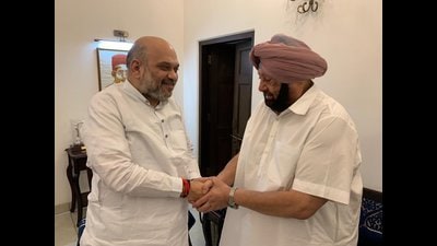 Punjab chief minister Capt Amarinder Singh with Union home minister Amit Shah in New Delhi on Tuesday. Punjab chief minister Capt Amarinder Singh with Union home minister Amit Shah in New Delhi on Tuesday.