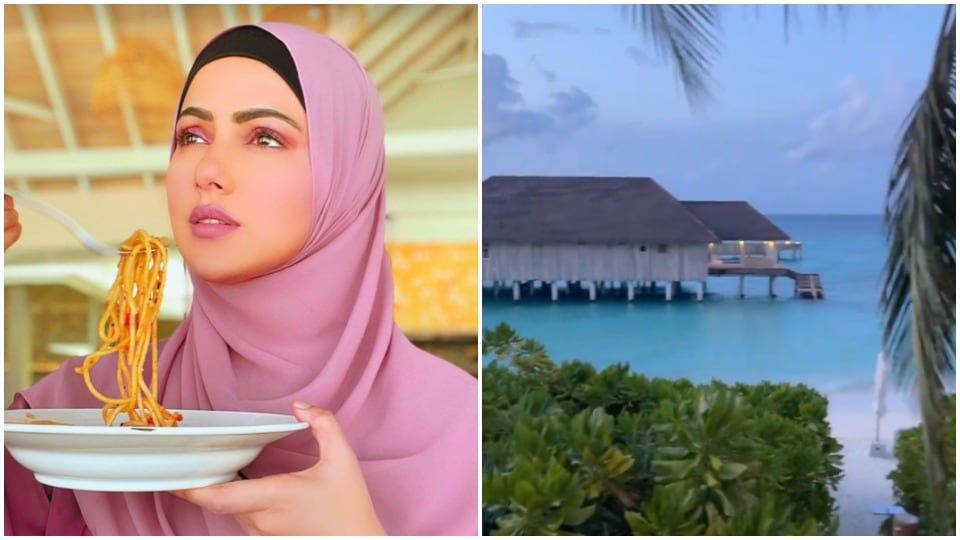 Sana Khan eating pasta at her resort in Maldives. Sana Khan eating pasta at her resort in Maldives.