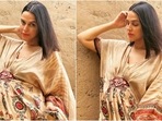 A glowing Neha Dhupia in  <span class='webrupee'>₹</span>24k printed nude kaftan dress aces pregnancy fashion