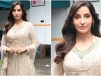 Nora Fatehi was snapped today on the sets of The Kapil Sharma Show with the team of the upcoming war drama Bhuj: The Pride of India. The film also stars Ajay Devgn, Sanjay Dutt, Sonakshi Sinha, and Sharad Kelkar.(Varinder Chawla)