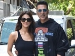 Vaani Kapoor and Akshay Kumar were snapped in Mumbai today promoting their film BellBottom. For the occasion, both the stars chose to impress fans with their sartorial choices. Especially, the 53-year-old star, who wore a quirky outfit for the event.(Varinder Chawla)