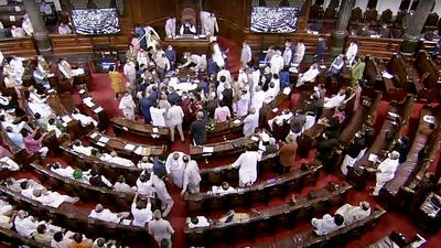 Opposition MPs create uproar in Rajya Sabha during monsoon session of Parliament in New Delhi on Wednesday. (ANI)