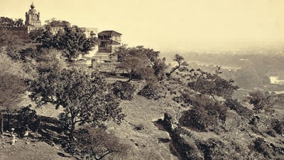 The temple complex atop Parvati hill as captured in this photograph in possession of the British Council (Saili Datar/HT) The temple complex atop Parvati hill as captured in this photograph in possession of the British Council (Saili Datar/HT)