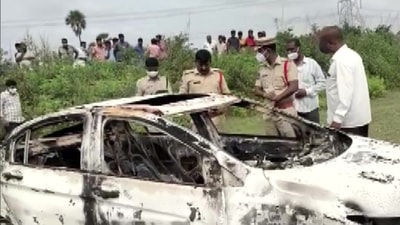 Telangana: The accused persons set Srinivas on fire along with his car in the early hours of the day, the police said after a preliminary probe. (Photo via ANI)