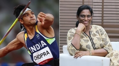 Jvaelin thrower Neeraj Chopra (L) and legendary Indian track and field athlete PT Usha (R) (HT Collage)