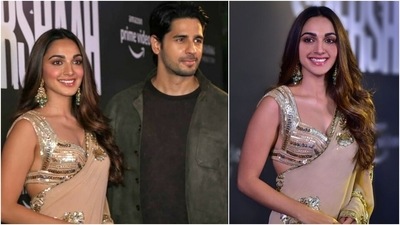 Shershaah: Kiara Advani in beige gold metal-work saree exudes glamour with Sidharth Malhotra (Instagram/@manishmalhotra05, @dharmamovies) Shershaah: Kiara Advani in beige gold metal-work saree exudes glamour with Sidharth Malhotra (Instagram/@manishmalhotra05, @dharmamovies)