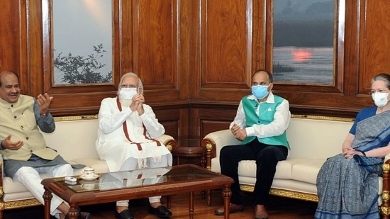 Prime Minister Narendra Modi, Leader of Congress in Lok Sabha Adhir Ranjan Chowdhury, and Congress interim Chief Sonia Gandhi meet Lok Sabha Speaker Om Birla, in New Delhi.(ANI Photo)