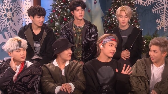 BTS members RM, Jin, Suga, J-Hope, Jimin, V and Jungkook on the sets of The Ellen DeGeneres Show. 