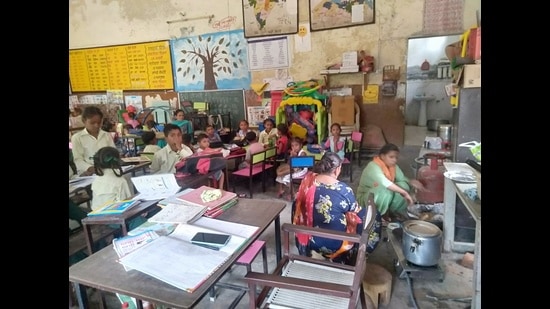 Government Primary School, Patti Roopa, in Moga running from a community hall where food under the Mid-Day Meal scheme is also cokked and served.
