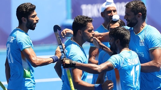 Harmanpreet Singh celebrates scoring India's third goal against Germany. (Getty Images)