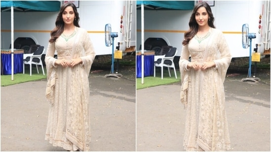 Nora Fatehi and the star cast arrived on the sets of the show to promote the film. For the occasion, Nora looked flawless in an ivory anarkali suit replete with chikankari work.(Varinder Chawla)