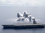The US Navy has started carrying out what it calls 'Full Ship Shock Trials' by detonating powerful explosions to test whether its aircraft carriers are ready for war. A navy statement Sunday said the 40,000-pound (18,143-kilo) explosion was triggered as part of work to evaluate the aircraft carrier, USS Gerald R. Ford's battle readiness.(AFP) The US Navy has started carrying out what it calls 'Full Ship Shock Trials' by detonating powerful explosions to test whether its aircraft carriers are ready for war. A navy statement Sunday said the 40,000-pound (18,143-kilo) explosion was triggered as part of work to evaluate the aircraft carrier, USS Gerald R. Ford's battle readiness.(AFP)