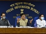 Union minister Piyush Goyal, Mukhtar Abbas Naqvi and parliamentary affairs minister Pralhad Joshi address the media on the recent ruckus in the Parliament during the monsoon session. Union minister Piyush Goyal, Mukhtar Abbas Naqvi and parliamentary affairs minister Pralhad Joshi address the media on the recent ruckus in the Parliament during the monsoon session.