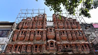 A replica of Hawa Mahal being constructed at Chandni Chowk in New Delhi on August 03, 2021. (Sanchit Khanna) A replica of Hawa Mahal being constructed at Chandni Chowk in New Delhi on August 03, 2021. (Sanchit Khanna)