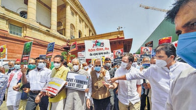 Congress leader Rahul Gandhi along with other opposition parties' leaders at a protest march against the curtailment of the monsoon session of Parliament, in New Delhi, on Thursday. (PTI) Congress leader Rahul Gandhi along with other opposition parties' leaders at a protest march against the curtailment of the monsoon session of Parliament, in New Delhi, on Thursday. (PTI)