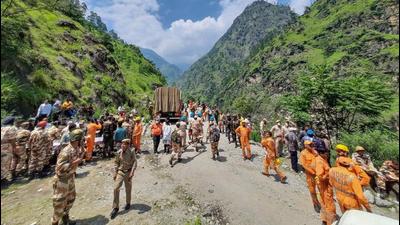 NDRF and ITBP officials carry out rescue work following a massive landslide at Nigulsari Reckong-Peo -Shimla National Highway in Kinnaur district on Thursday. (PTI) NDRF and ITBP officials carry out rescue work following a massive landslide at Nigulsari Reckong-Peo -Shimla National Highway in Kinnaur district on Thursday. (PTI)