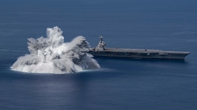 The US Navy has started carrying out what it calls 'Full Ship Shock Trials' by detonating powerful explosions to test whether its aircraft carriers are ready for war. A navy statement Sunday said the 40,000-pound (18,143-kilo) explosion was triggered as part of work to evaluate the aircraft carrier, USS Gerald R. Ford's battle readiness. (AFP PHOTO ) The US Navy has started carrying out what it calls 'Full Ship Shock Trials' by detonating powerful explosions to test whether its aircraft carriers are ready for war. A navy statement Sunday said the 40,000-pound (18,143-kilo) explosion was triggered as part of work to evaluate the aircraft carrier, USS Gerald R. Ford's battle readiness. (AFP PHOTO )