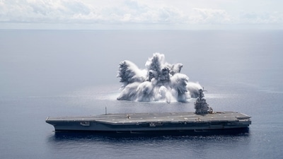 The US Navy has started carrying out what it calls 'Full Ship Shock Trials' by detonating powerful explosions to test whether its aircraft carriers are ready for war. A navy statement Sunday said the 40,000-pound (18,143-kilo) explosion was triggered as part of work to evaluate the aircraft carrier, USS Gerald R. Ford's battle readiness. (AFP) The US Navy has started carrying out what it calls 'Full Ship Shock Trials' by detonating powerful explosions to test whether its aircraft carriers are ready for war. A navy statement Sunday said the 40,000-pound (18,143-kilo) explosion was triggered as part of work to evaluate the aircraft carrier, USS Gerald R. Ford's battle readiness. (AFP)