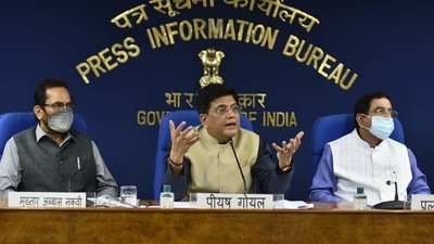 Union minister Piyush Goyal, Mukhtar Abbas Naqvi and parliamentary affairs minister Pralhad Joshi address the media on the recent ruckus in the Parliament during the monsoon session. (Sanjeev Verma/HT Photos) Union minister Piyush Goyal, Mukhtar Abbas Naqvi and parliamentary affairs minister Pralhad Joshi address the media on the recent ruckus in the Parliament during the monsoon session. (Sanjeev Verma/HT Photos)