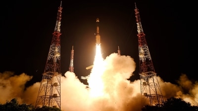 Isro's GSLV-F10 with earth observation satellite EOS-03 on-board blasts off from Sriharikota, early on Thursday. (PTI Photo) Isro's GSLV-F10 with earth observation satellite EOS-03 on-board blasts off from Sriharikota, early on Thursday. (PTI Photo)
