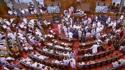 The Opposition members are seen protesting in the Rajya Sabha on August 11. (PTI Photo) The Opposition members are seen protesting in the Rajya Sabha on August 11. (PTI Photo)