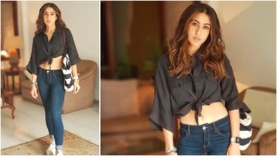 Sara Ali Khan gives major college vibes as she styles herself in a black crop top which she teamed with denims and white sneakers. (Instagram/@saraalikhan95)